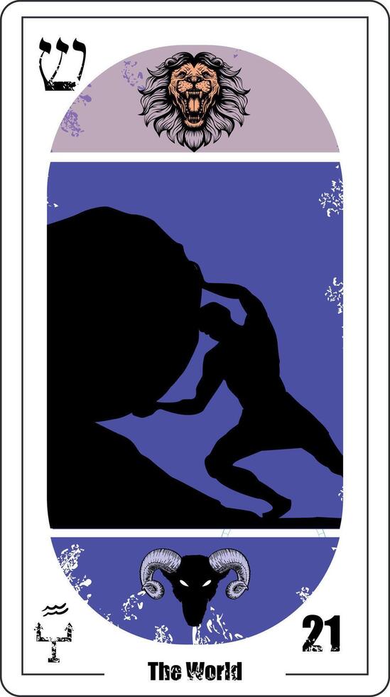 Egyptian tarot card number twenty-one, called The World. Silhouette of Sisyphus, and the heads of a lion and a goat. Neptune in Aquarius. vector
