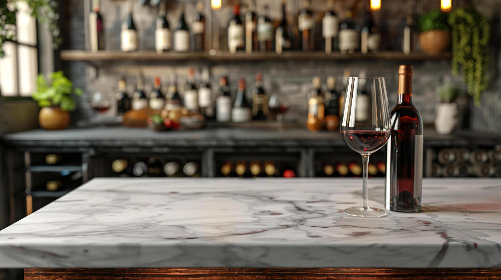 AI generated A blank marble tabletop with blurred wine glasses and bottles in the background suitable for showcasing wine or beverage products photo