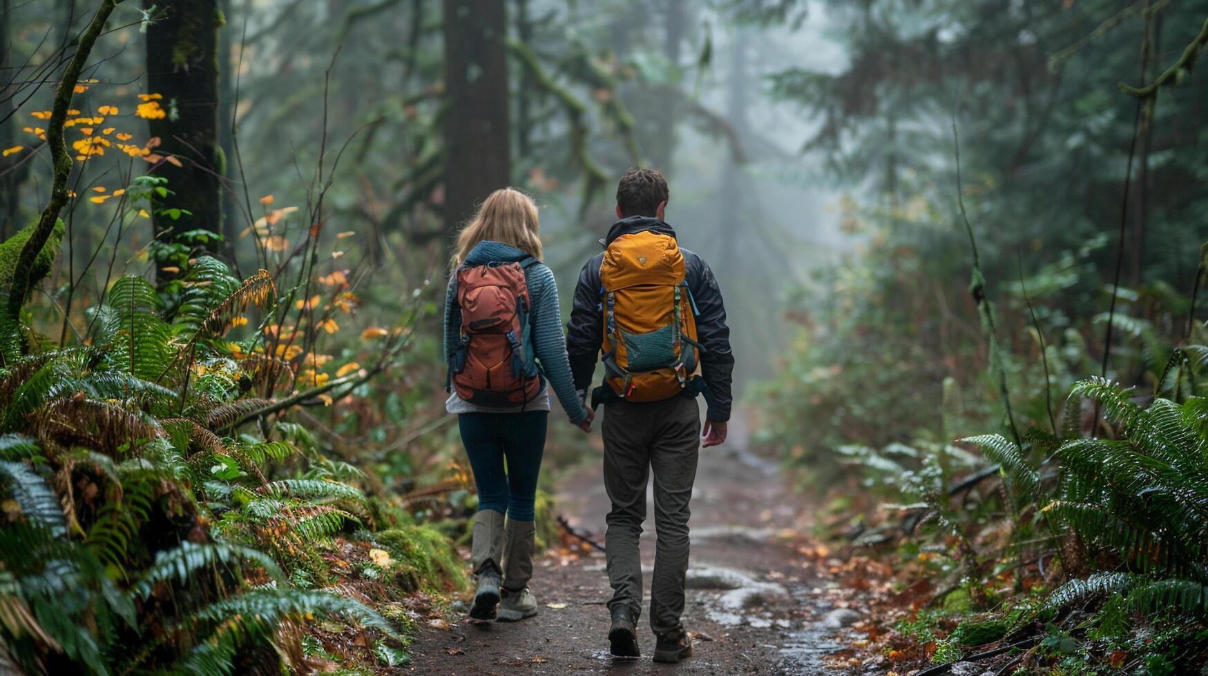 ai generado un Pareja excursionismo mediante un escénico bosque sendero foto