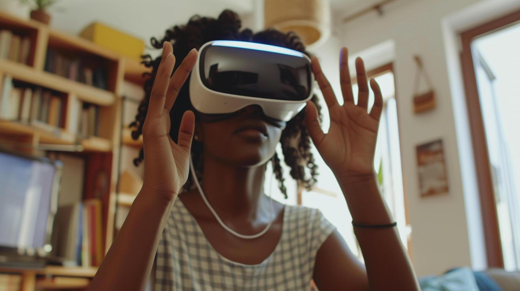 AI generated African american young woman wearing using virtual reality metaverse VR glasses headset at home Girl touching air during VR experience photo