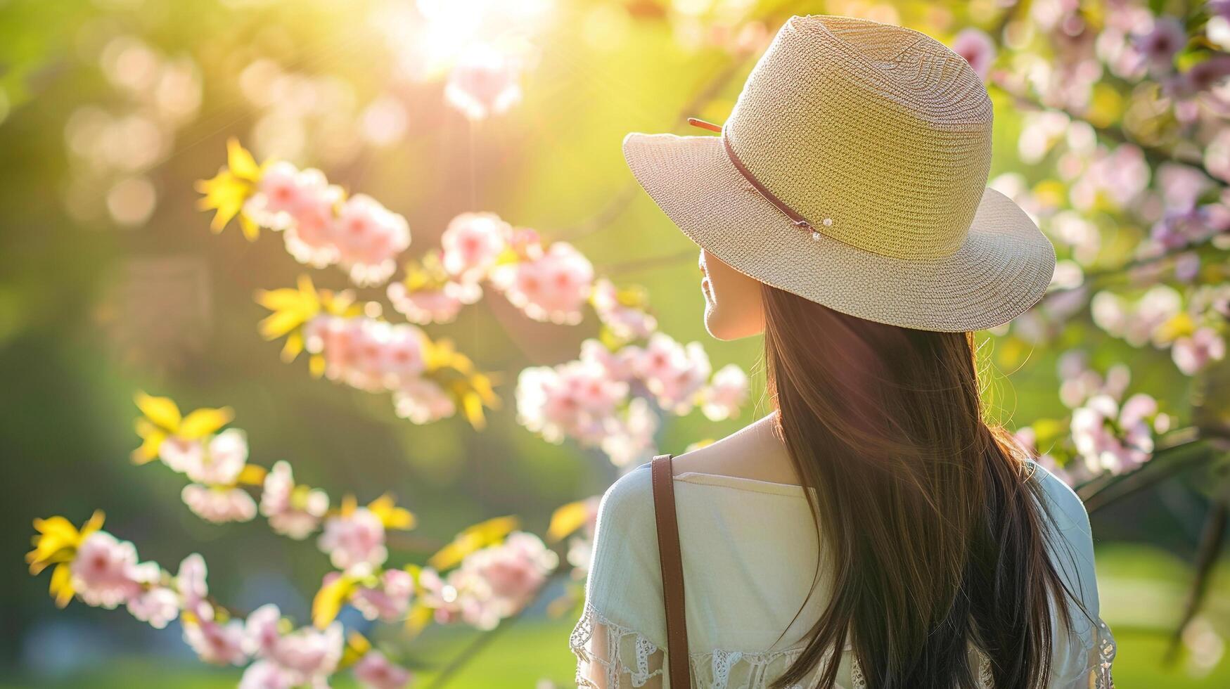 ai generado un mujer disfrutando un sin prisa caminar en un parque admirativo el primavera floraciones y remojo arriba el Brillo Solar foto
