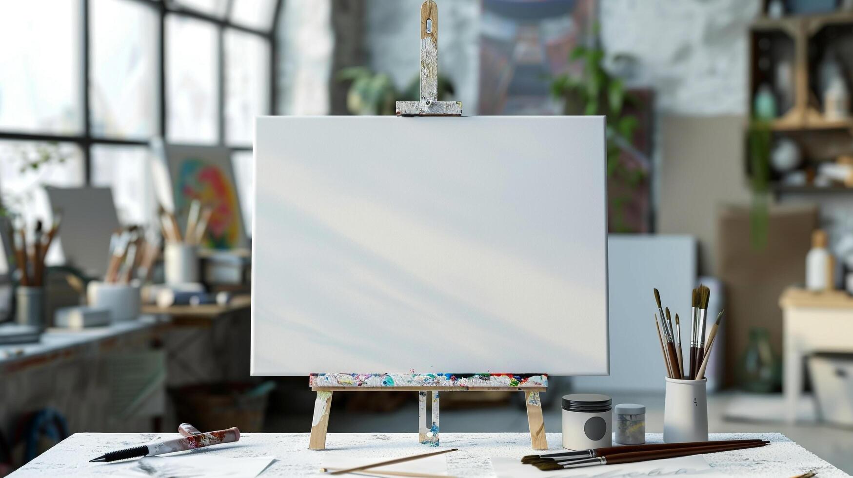 AI generated A minimalist blank white tabletop with blurred art supplies and canvases in the background ideal for showcasing art or craft products photo