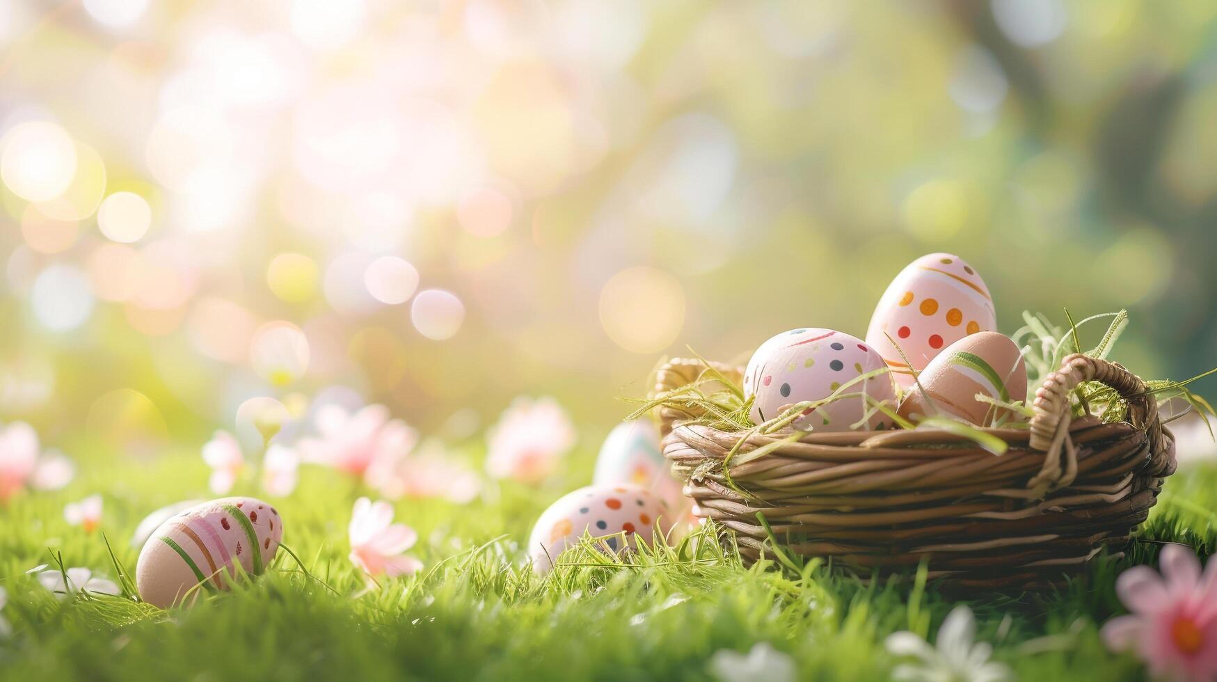 ai generado Pascua de Resurrección cesta lleno con vistoso huevos y flores en el verde césped con primavera jardín fondo, contento Pascua de Resurrección foto