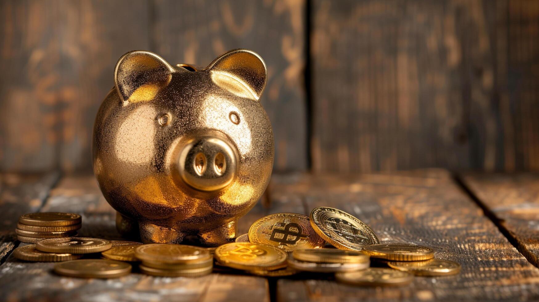 AI generated golden piggy bank with gold coins photo