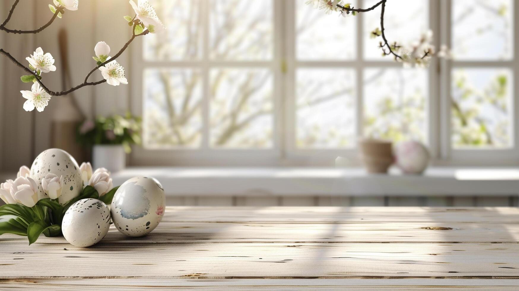 AI generated Abstract wooden tabletop with easter eggs and flower, copy space over blurred window interior background, display for product montage photo