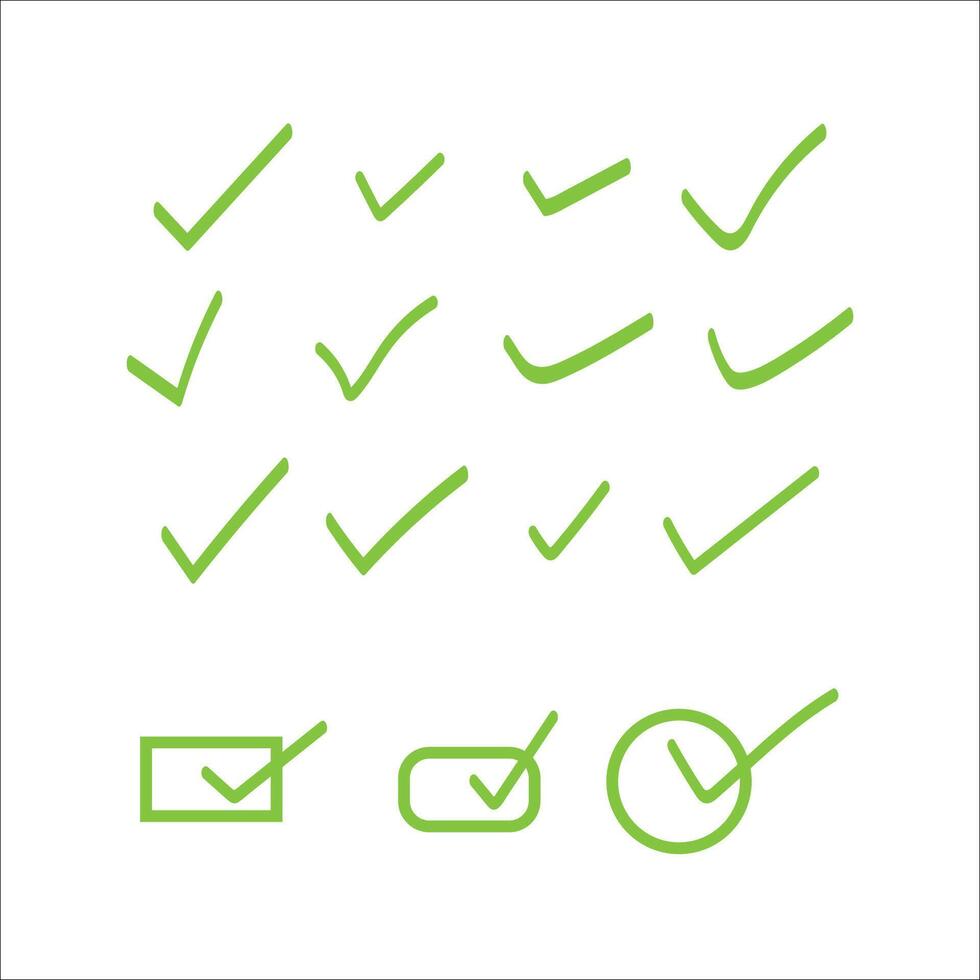 Collection of hand-drawn checkmarks, green tick set in vector illustration.