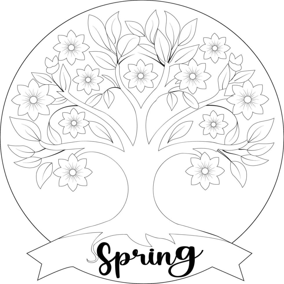 Spring Tree with flower Coloring Page vector