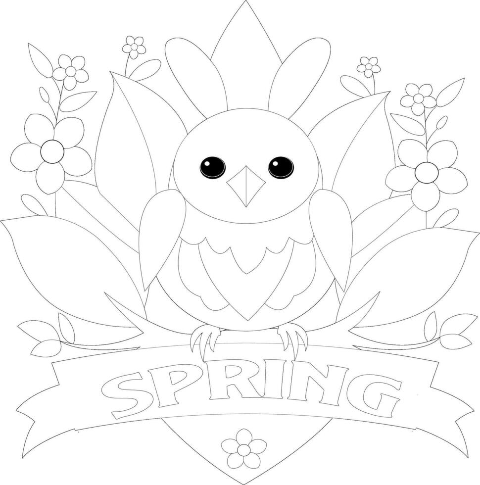 Spring Coloring Page with flower and bird vector