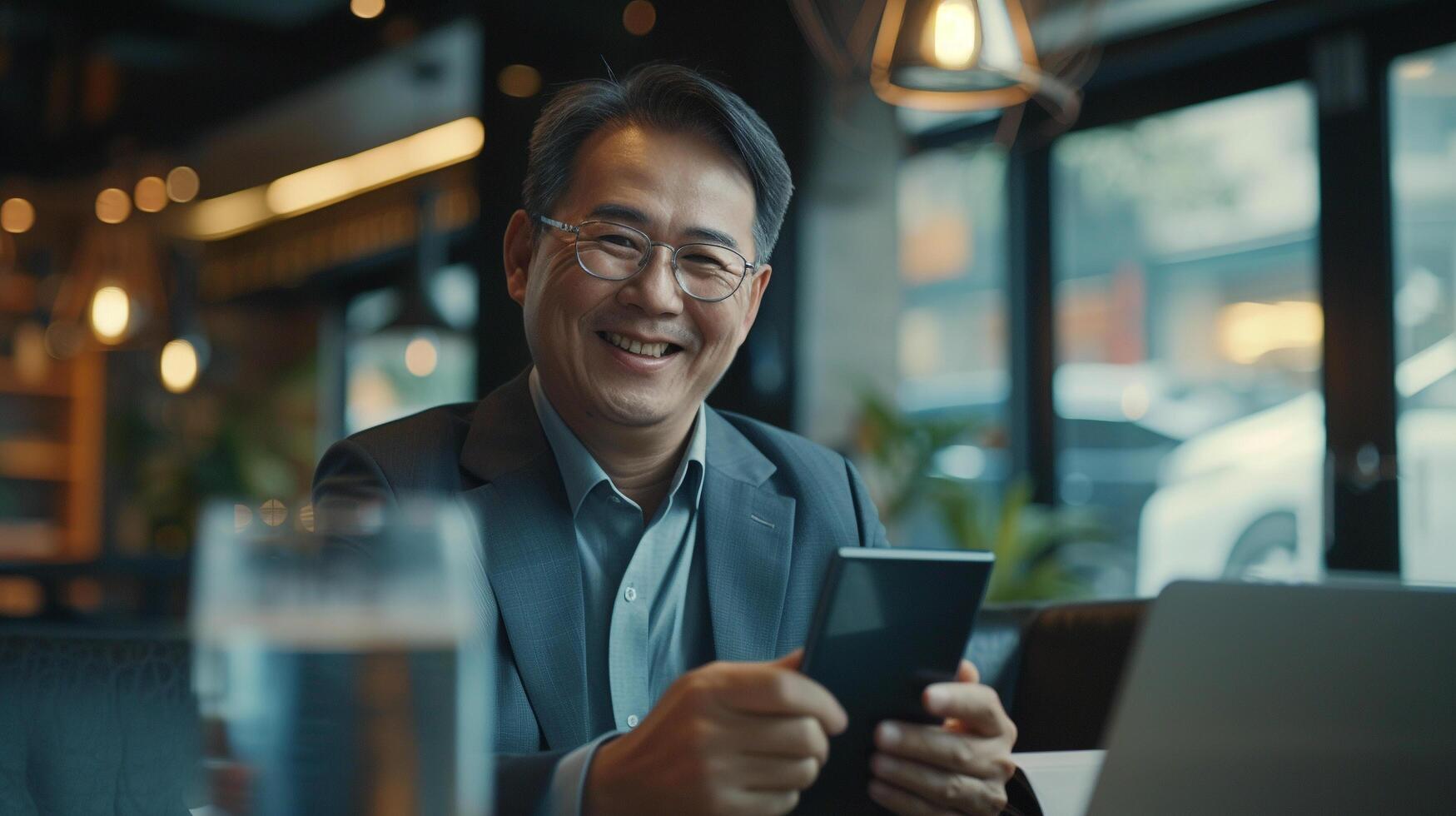 AI generated Middle aged asian business manager ceo using smartphone and laptop Smiling businesswoman holding smartphone sit in office working with copy space photo