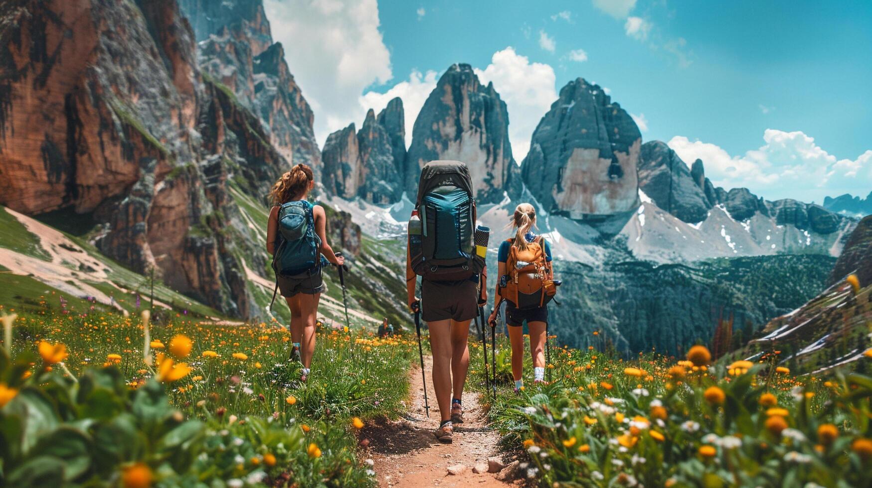 AI generated A group of friends hiking together in the mountains photo