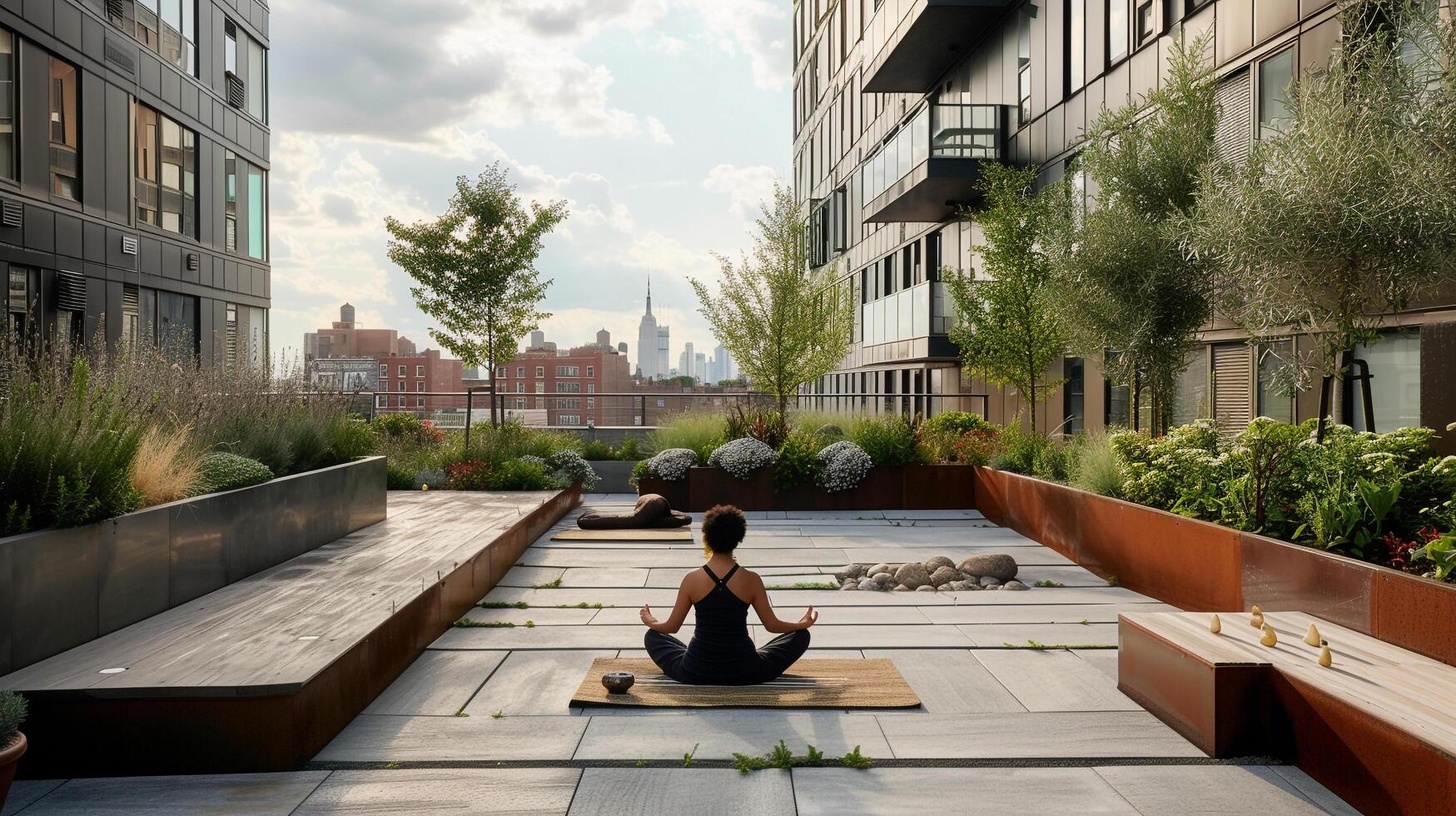 AI generated Urban lifestyle someone meditating amidst the hustle and bustle of the city perhaps in a quiet park rooftop garden or peaceful corner of a busy street photo