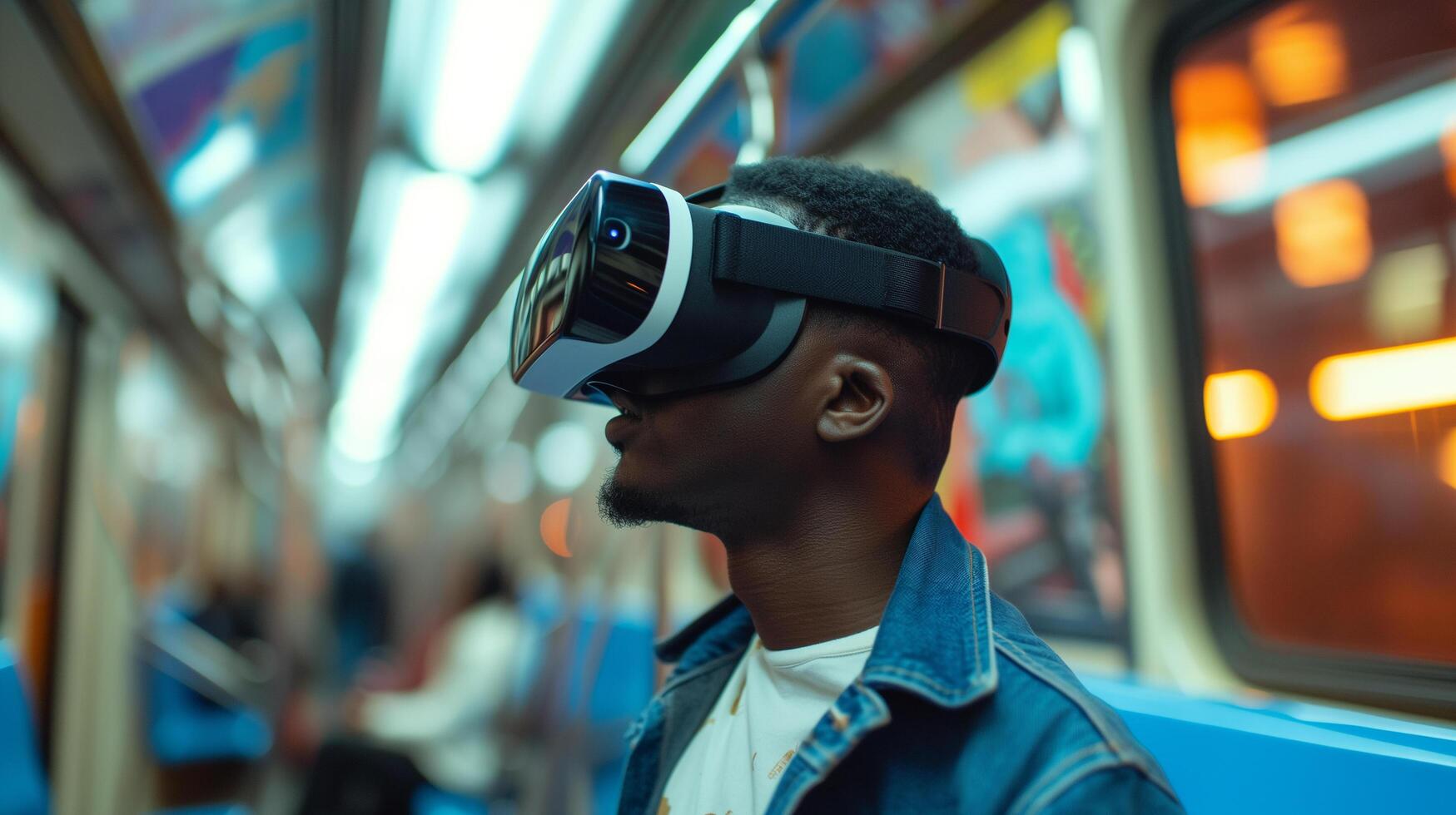 AI generated Young man using VR virtual reality glasses while taking metro subway in the city, lifestyle and technology concept photo