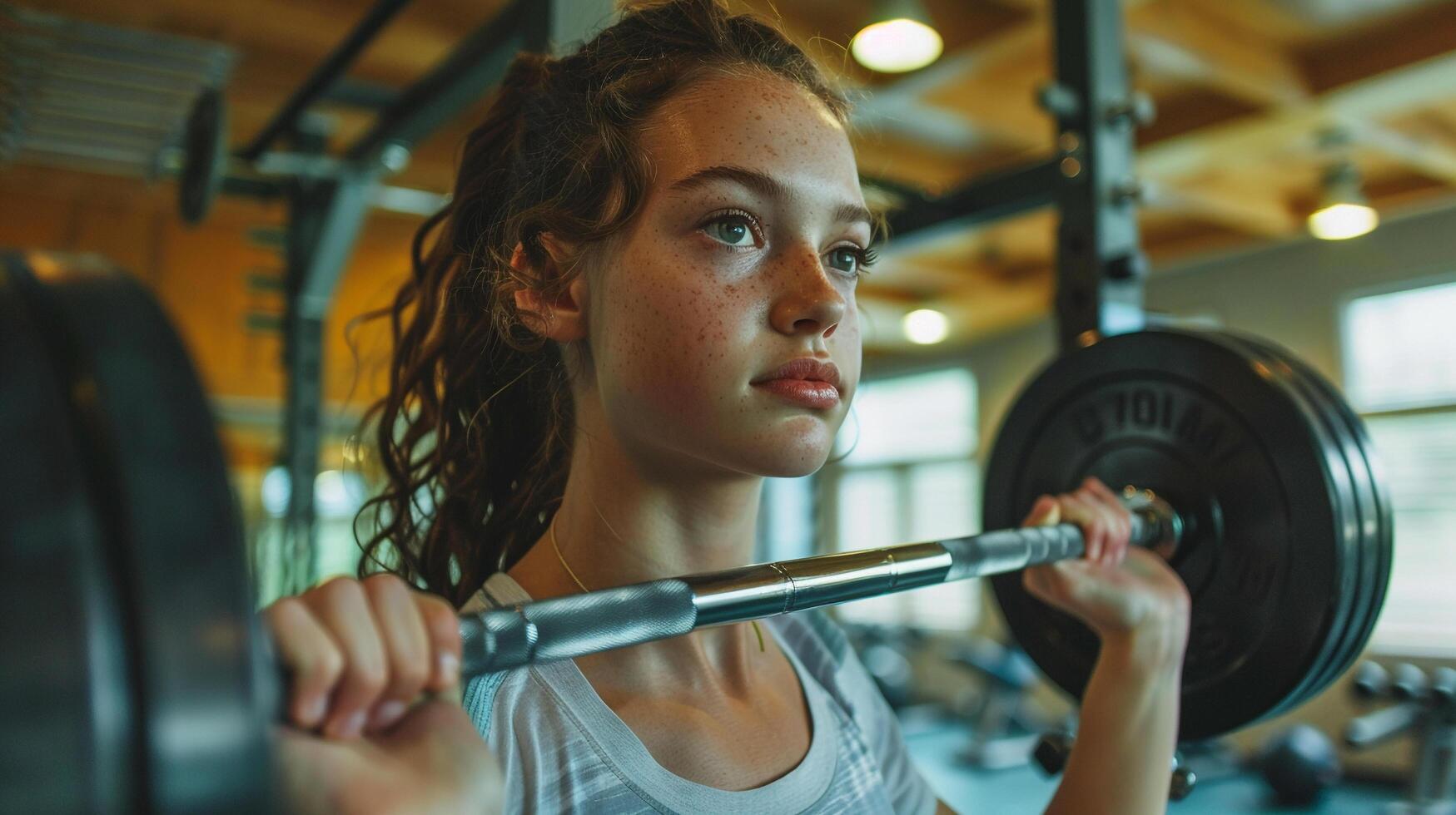 ai generado un mujer levantamiento pesos a el gimnasio como parte de su aptitud rutina foto