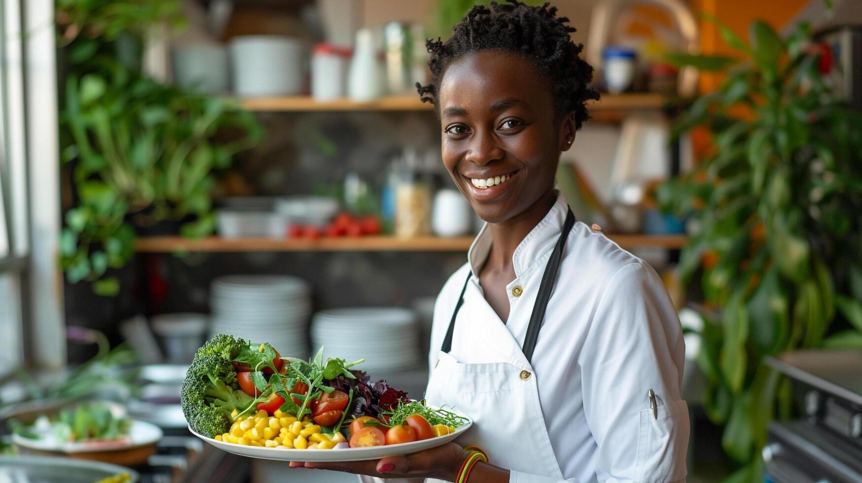 AI generated A smiling nutritionist holding a plate of healthy food photo