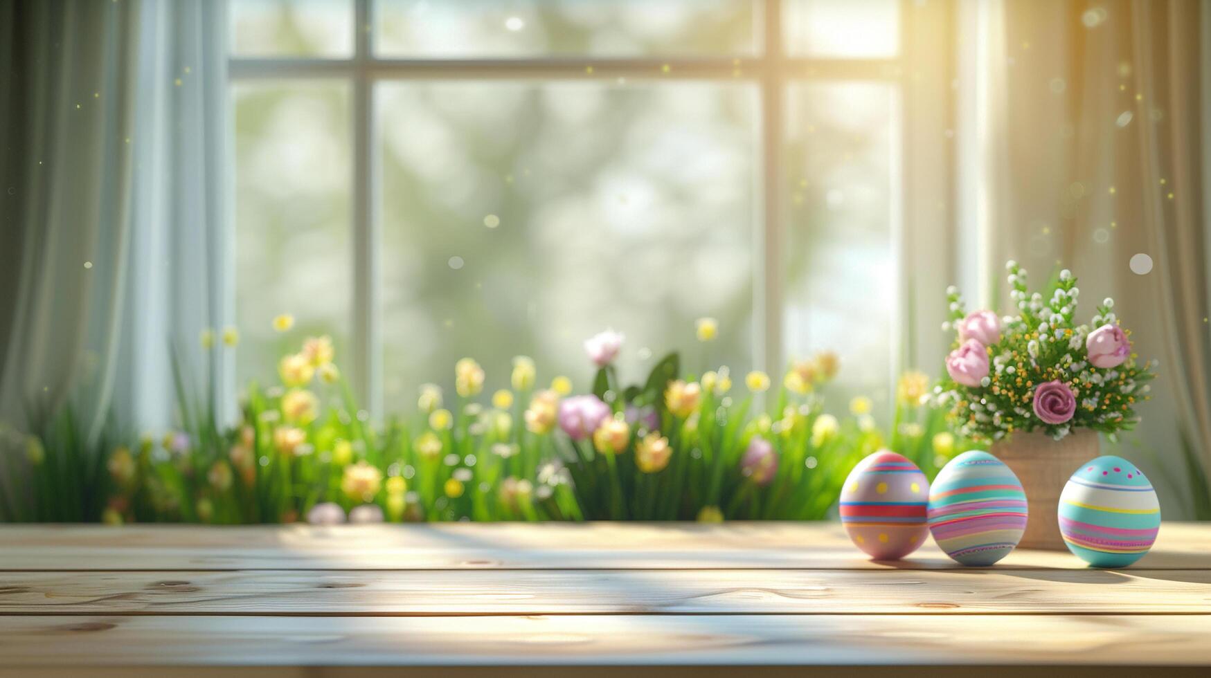 AI generated Abstract wooden tabletop with easter eggs and flower, copy space over blurred window interior background, display for product montage photo