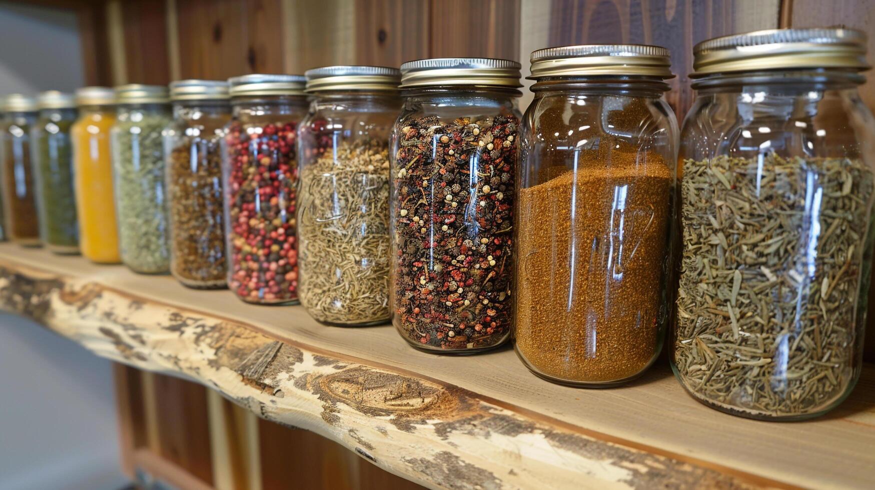 AI generated Jars filled with exotic spices on a kitchen shelf photo
