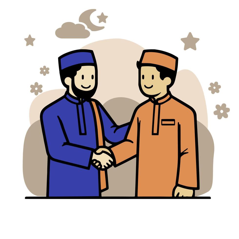 two muslim men are shaking hands and forgiving each other. Islamic Family eid mubarak concept vector