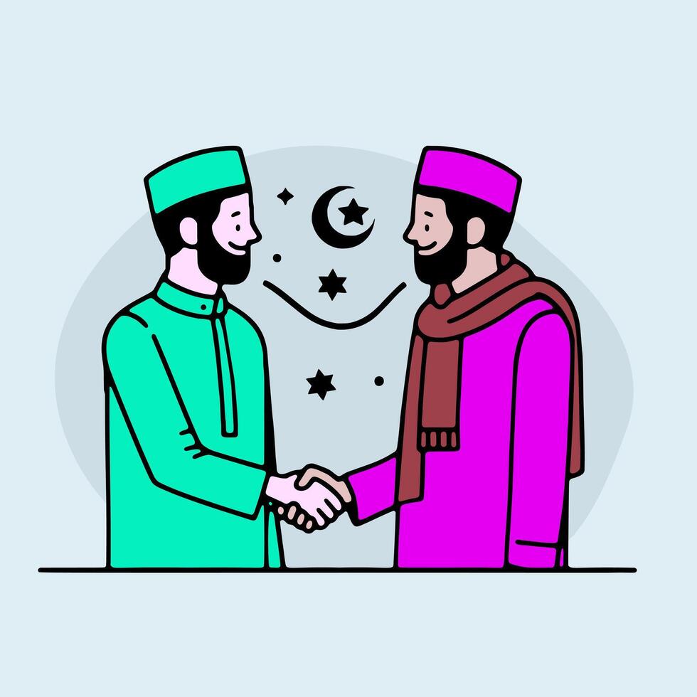 dos musulmán hombres son sacudida manos y indulgente cada otro. islámico familia eid Mubarak concepto vector