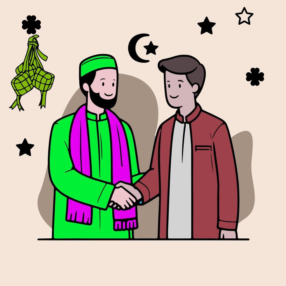 dos musulmán hombres son sacudida manos y indulgente cada otro. islámico familia eid Mubarak concepto vector