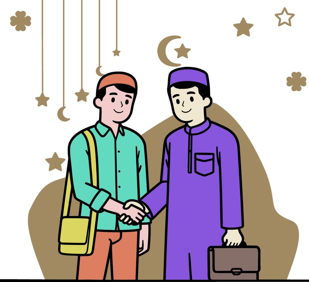 two muslim men are shaking hands and forgiving each other. Islamic Family eid mubarak concept vector