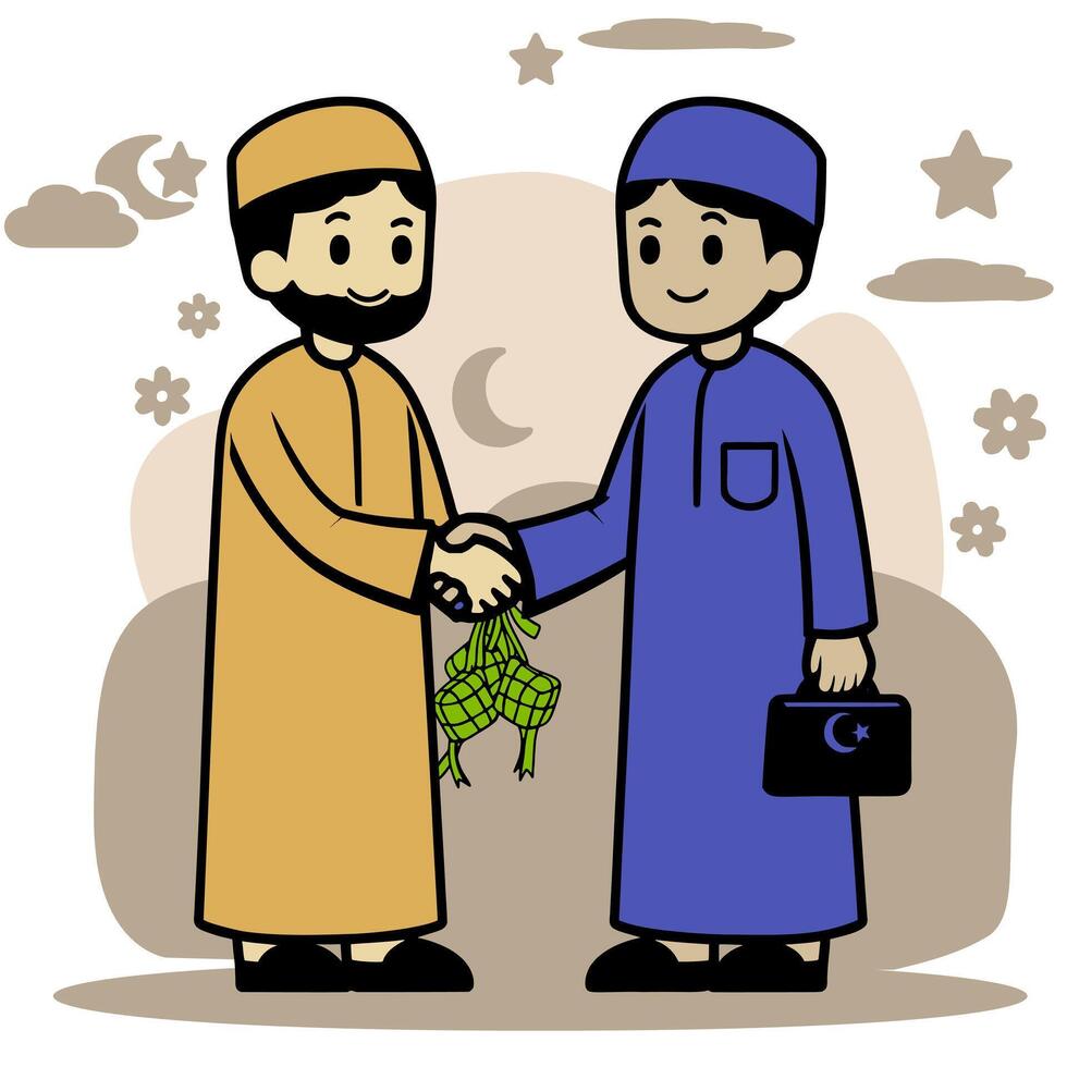 two muslim men are shaking hands and forgiving each other. Islamic Family eid mubarak concept vector