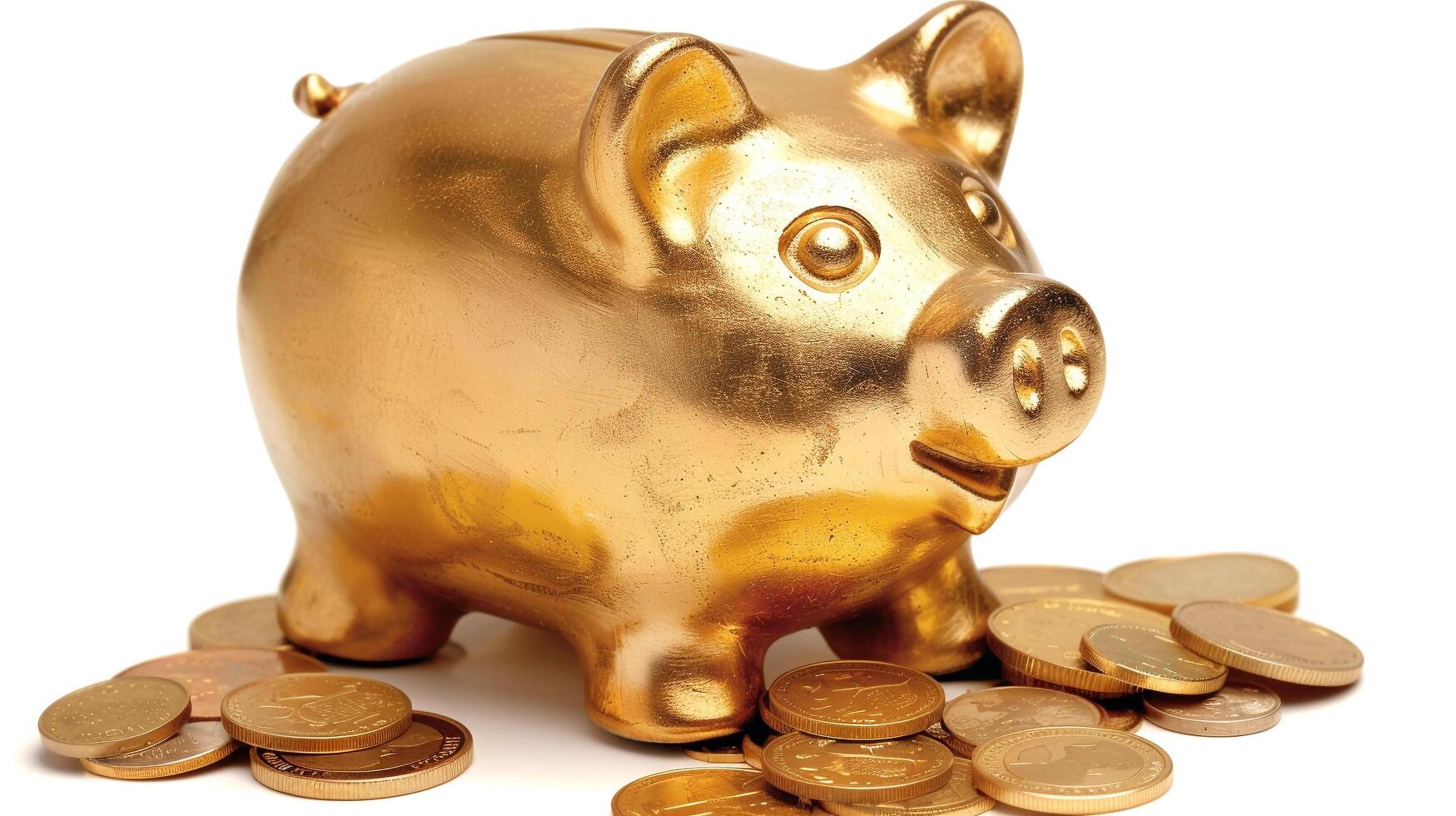 AI generated golden piggy bank with gold coins photo