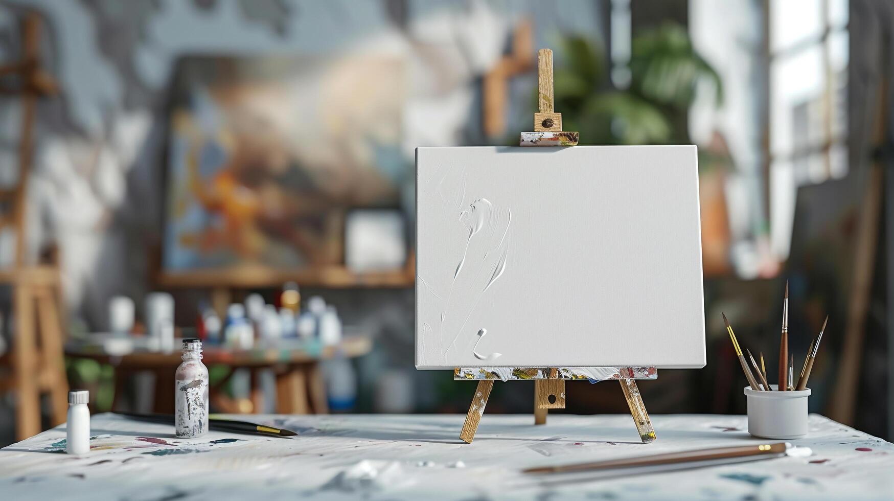 AI generated Blank white canvas on tabletop with blurred art supplies background ideal for showcasing art or craft products photo