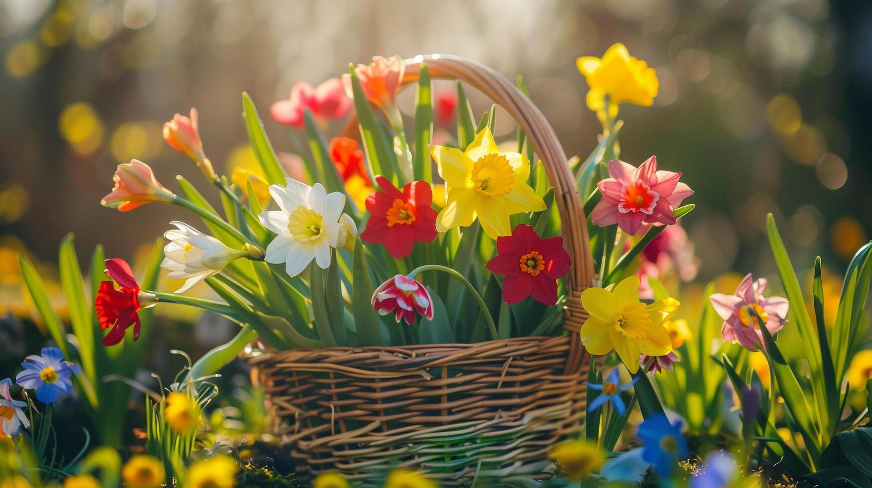 ai generado un cerca arriba Disparo de vistoso primavera flores arreglado en un cesta simbolizando el belleza de el temporada foto