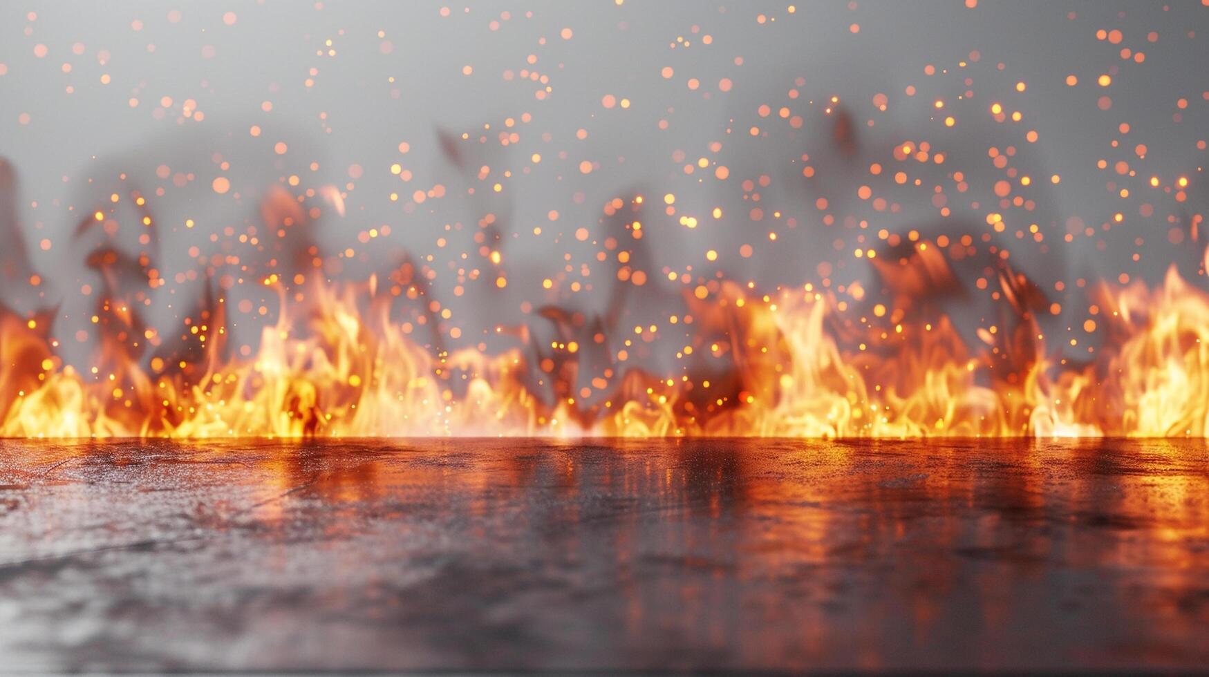 AI generated blank metal table with Fire burning at the edge of the table fire particles sparks and smoke in the air with fire flames on a white background to display products photo