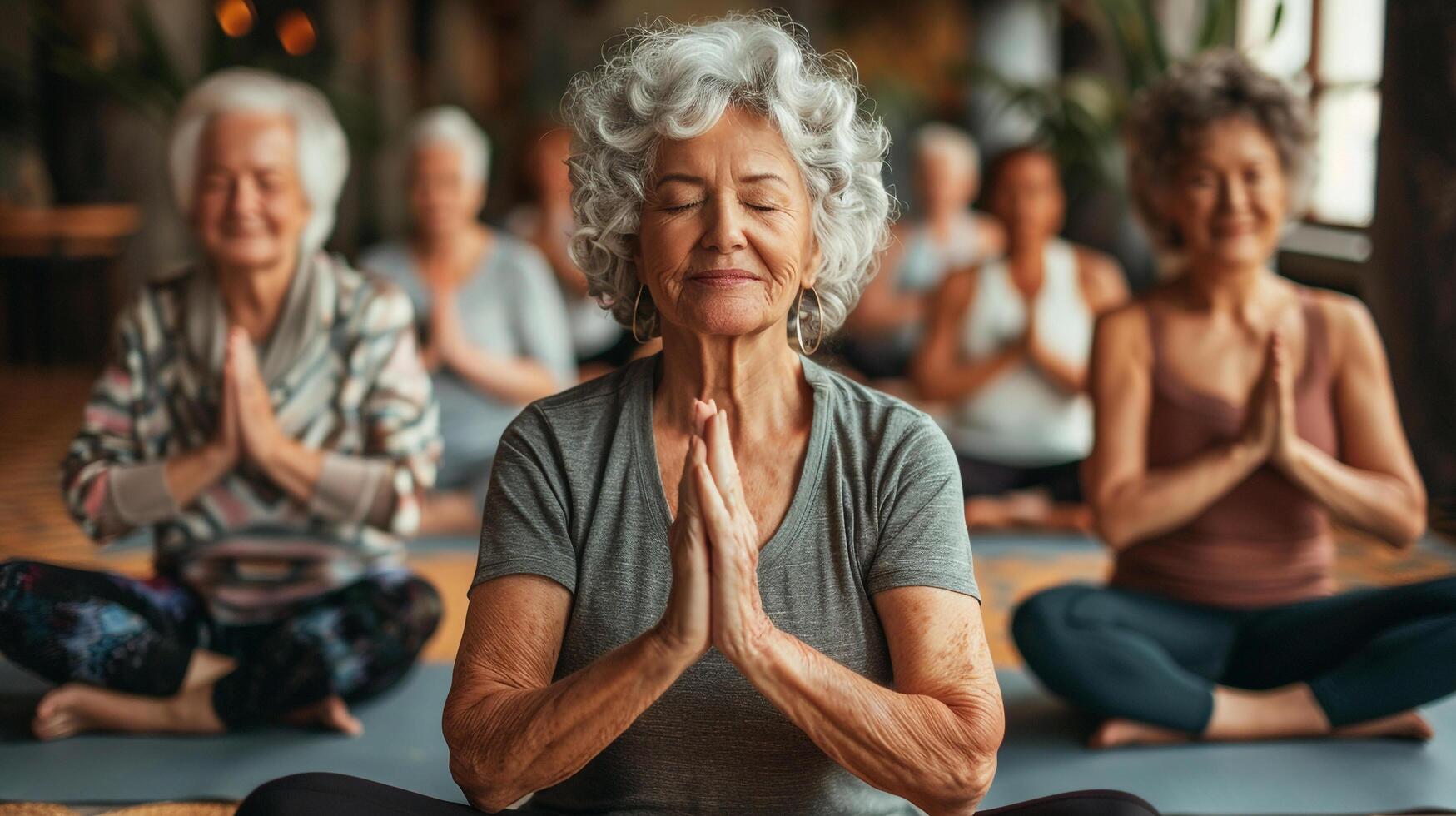 AI generated A group of seniors doing yoga in a community center photo
