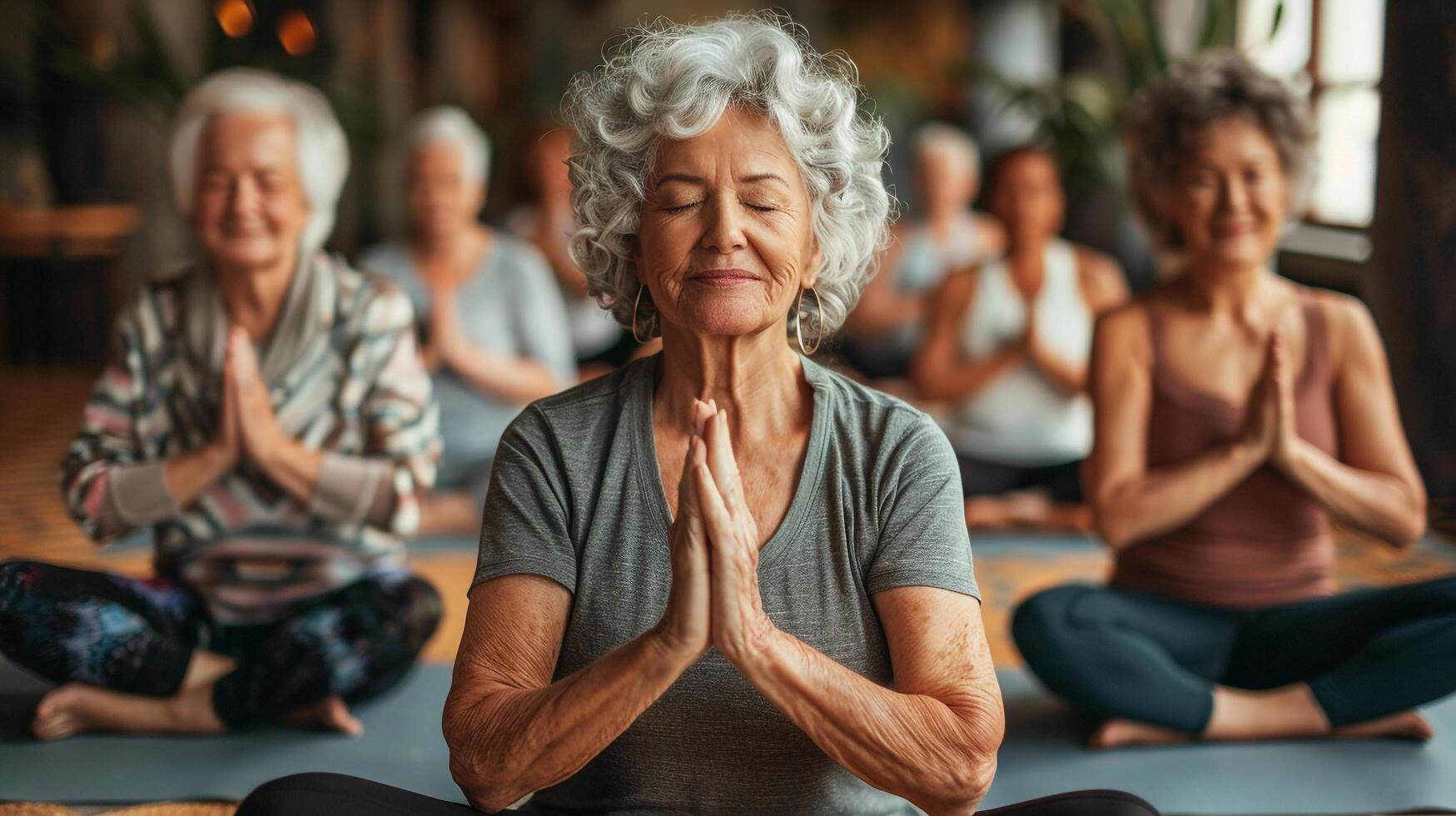 ai generado un grupo de personas mayores haciendo yoga en un comunidad centrar foto