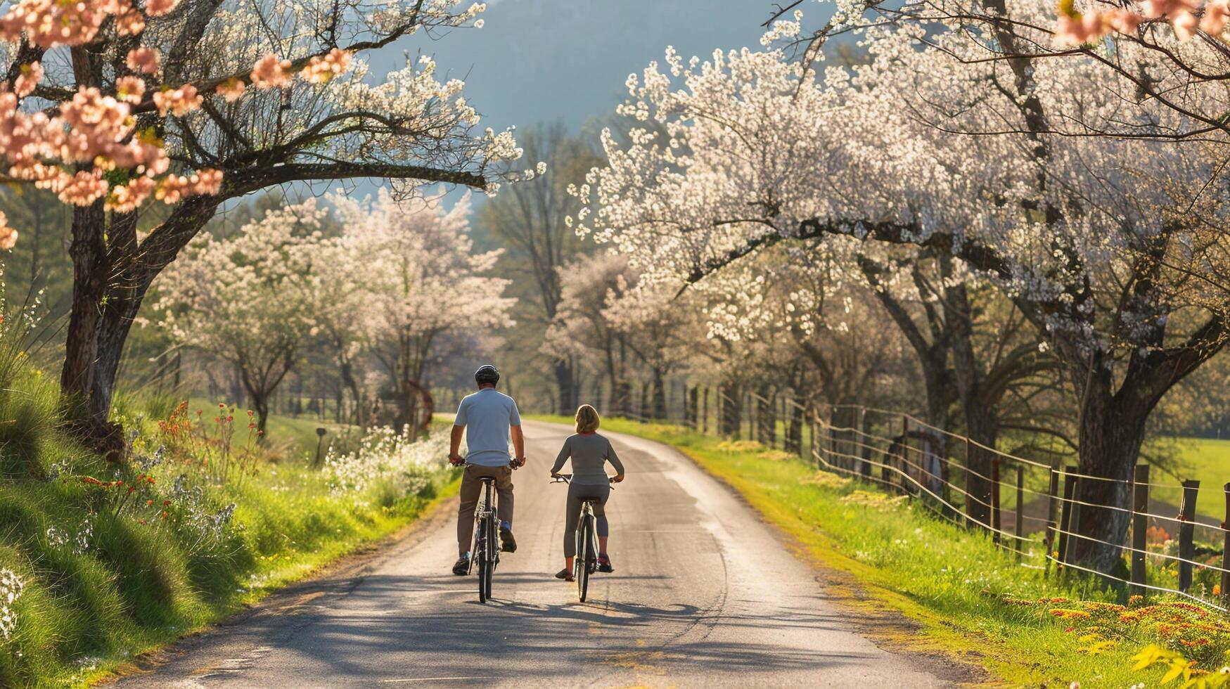 AI generated A couple riding bicycles together along a scenic countryside road lined with blossoming trees photo