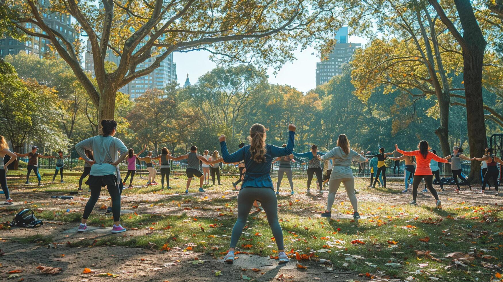 AI generated A fitness instructor leading a group exercise class in a park photo