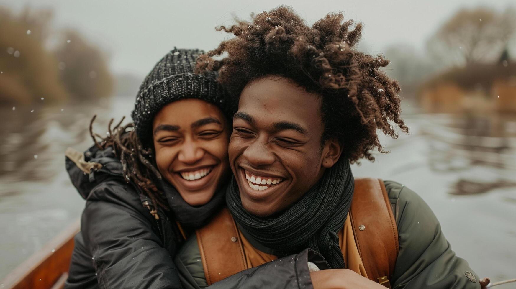 AI generated A young couple laughing and enjoying a boat ride on a tranquil lake surrounded by springtime scenery photo