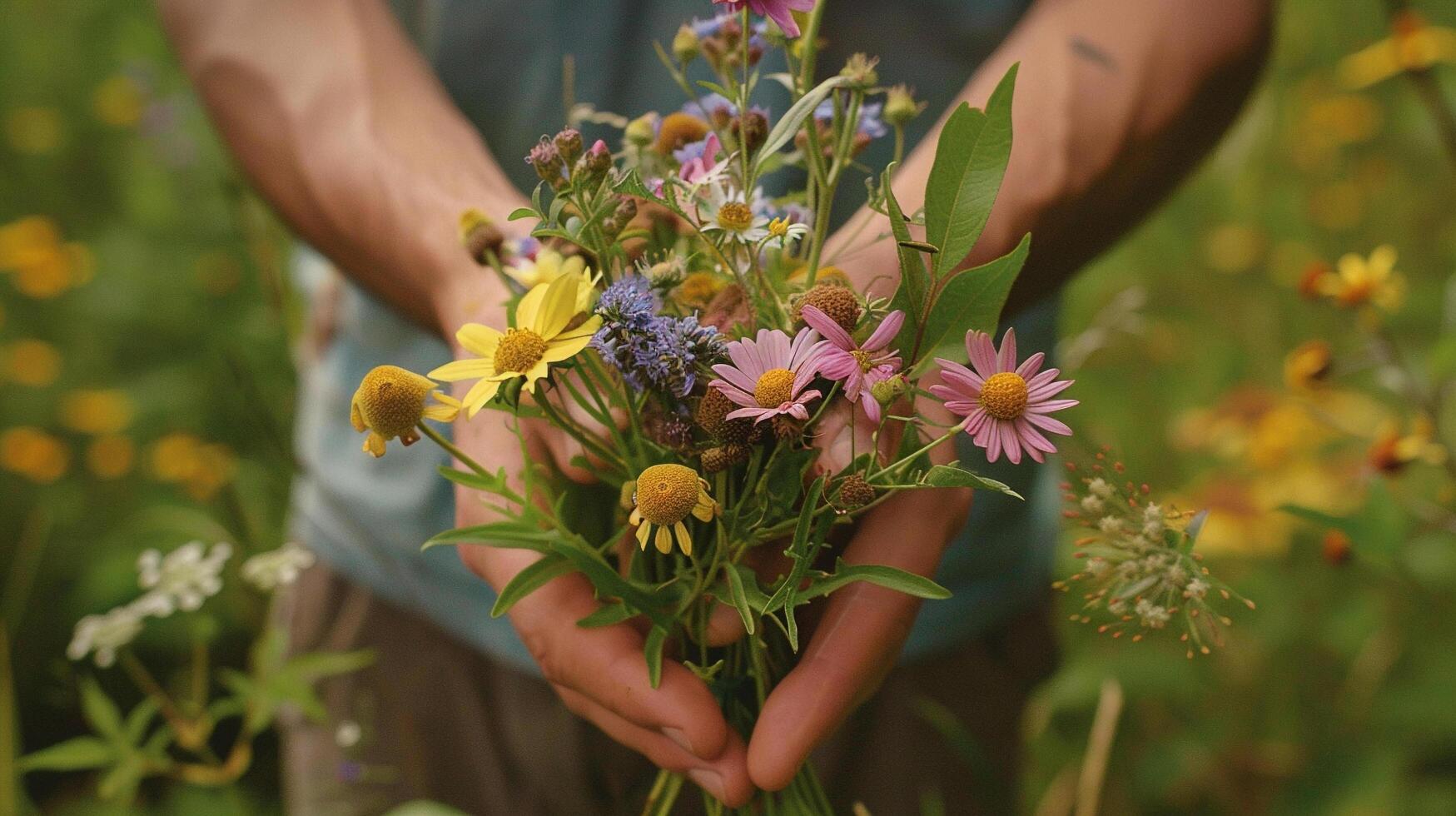 AI generated A pair of hands holding a freshly picked bouquet of wildflowers against a backdrop of lush spring foliage photo