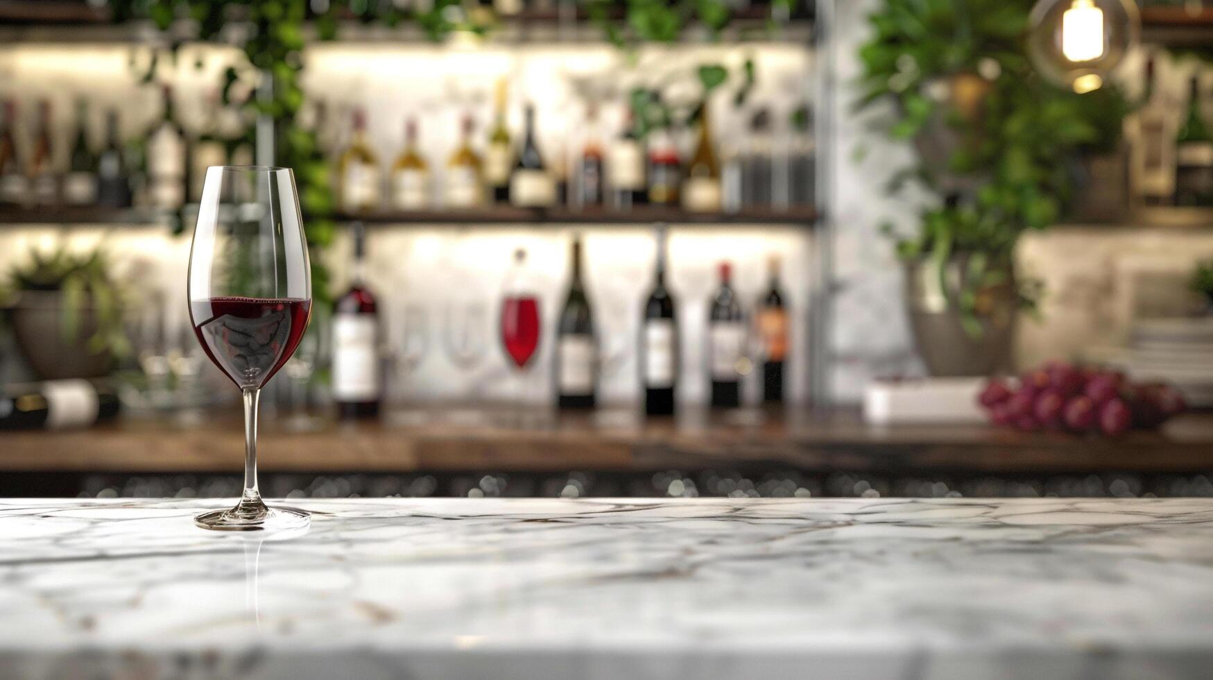 AI generated A blank marble tabletop with blurred wine glasses and bottles in the background suitable for showcasing wine or beverage products photo