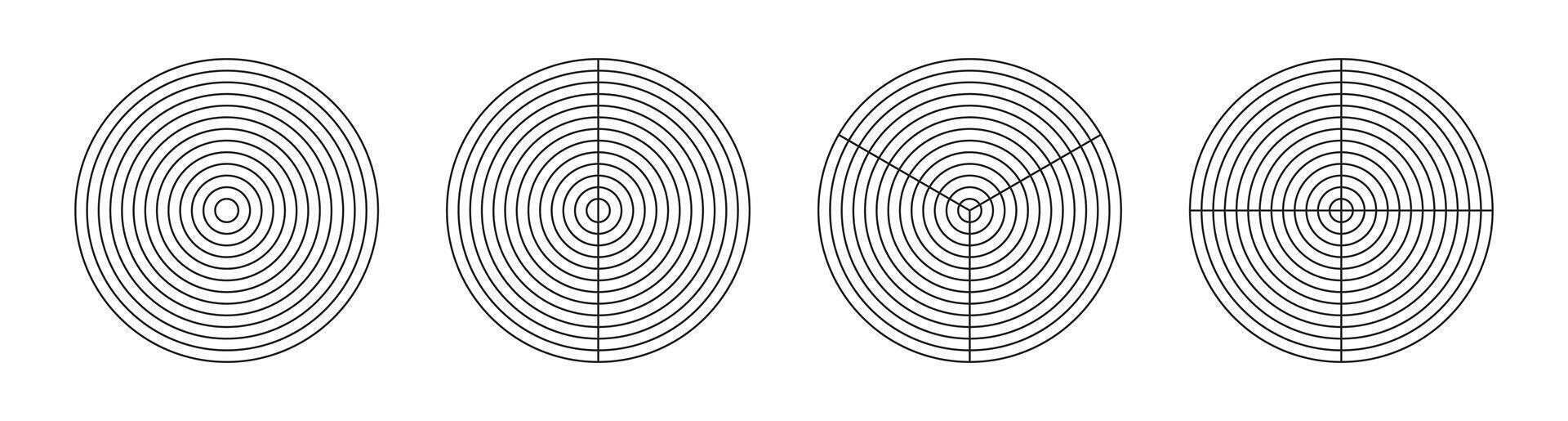 Wheel of life template set. Coaching tool for visualizing all areas of life. Circle diagram of life style balance. Polar grid with segments, concentric circles. Blank of polar graph paper. Vector icon