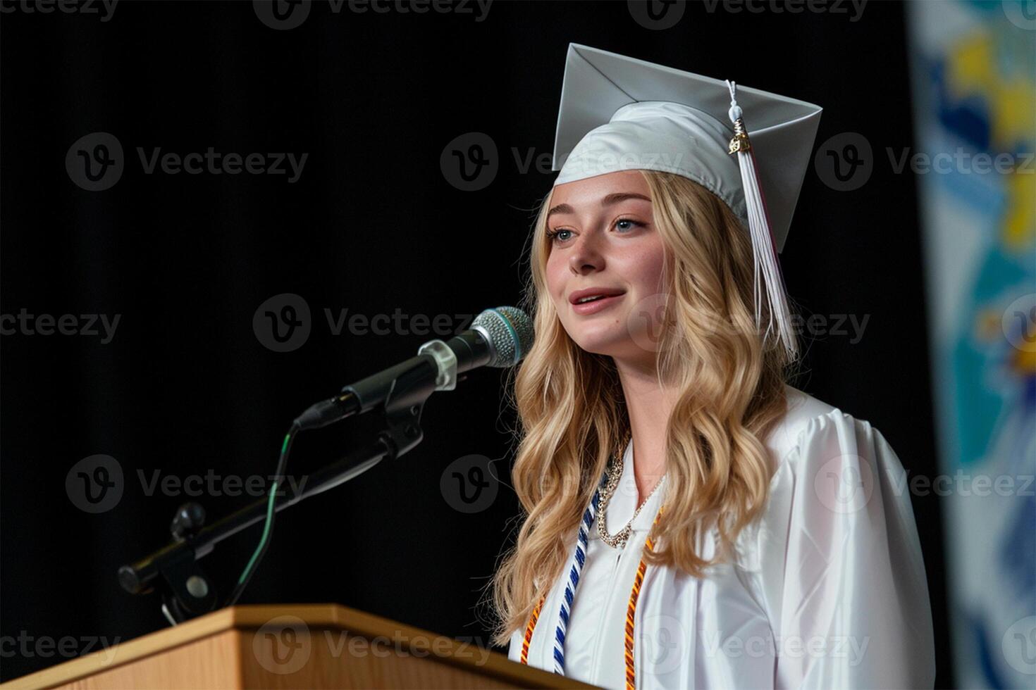 AI Generated A smiling graduate gives a speech at a graduation ceremony against a blurred background photo