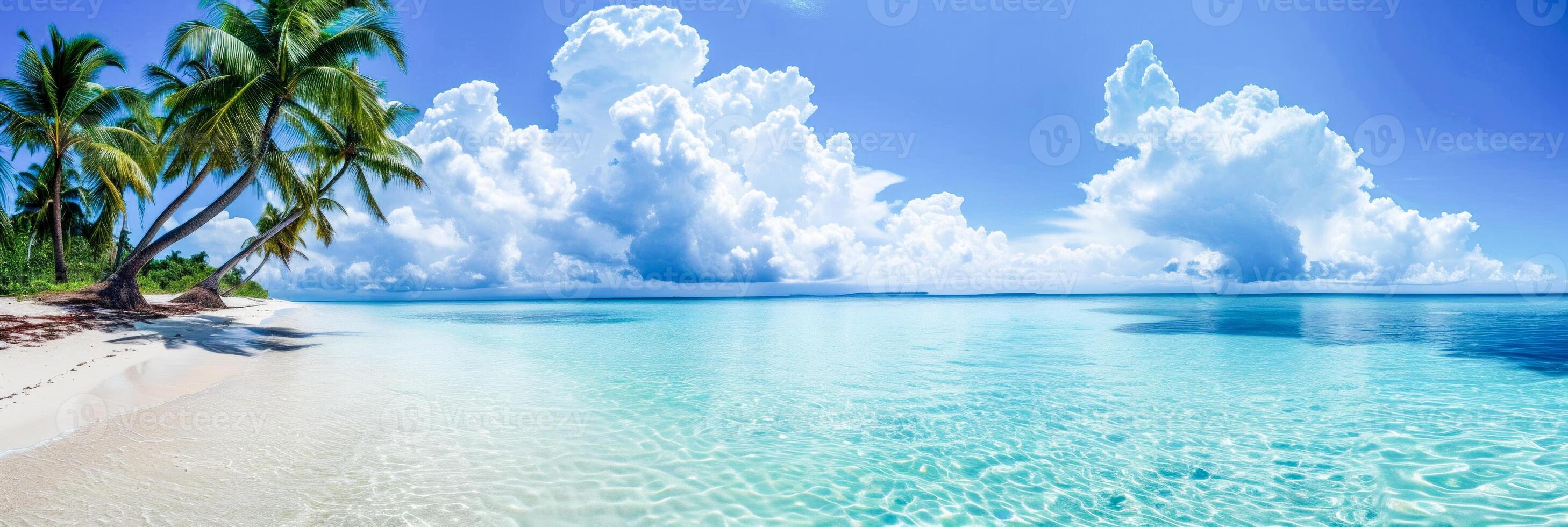 AI Generated Panoramic view of a quiet tropical beach with palm trees, white sand and cumulus clouds over turquoise water.Travel agency advertising, resort advertising, relaxation and wellness photo