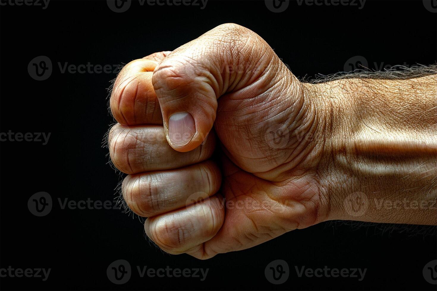 AI Generated A detailed view of a raised, clenched fist against a dark background, symbolizing strength and resolve. photo