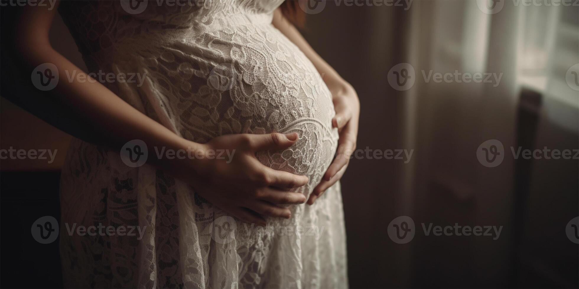 AI Generated A pregnant woman cradles her belly in a lace dress, capturing the beauty and anticipation of motherhood.Maternal Embrace. photo