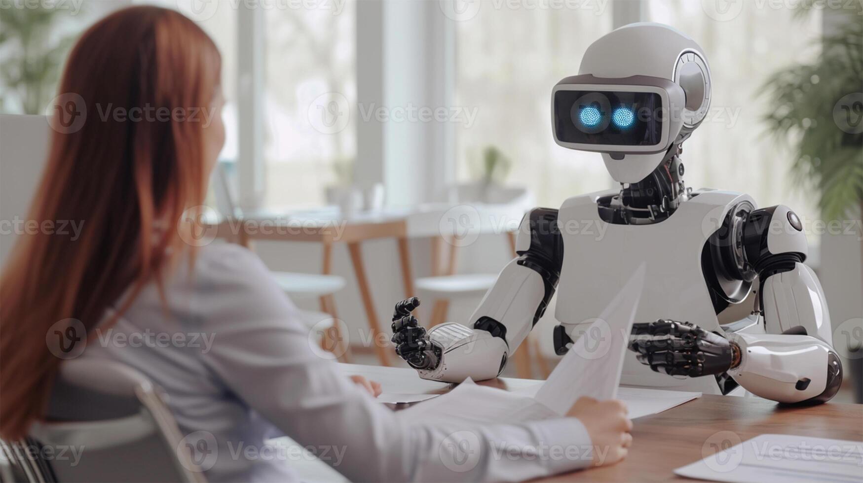 AI Generated AI and Human Collaboration at Work. A futuristic robot with documents talks to a business woman. photo