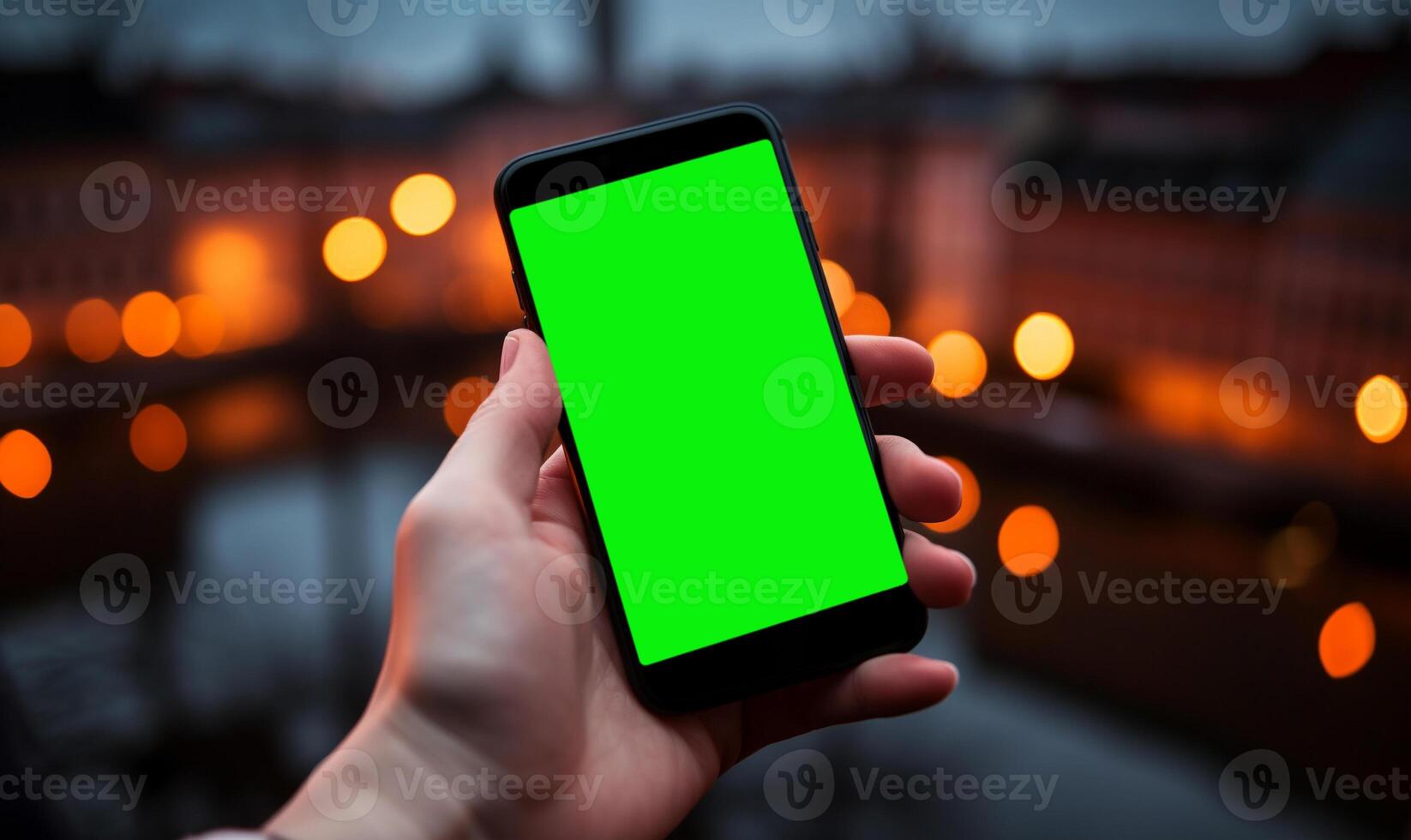 AI Generated Hand holding a smartphone with a green screen, blurred city lights in the background. Copy space. photo