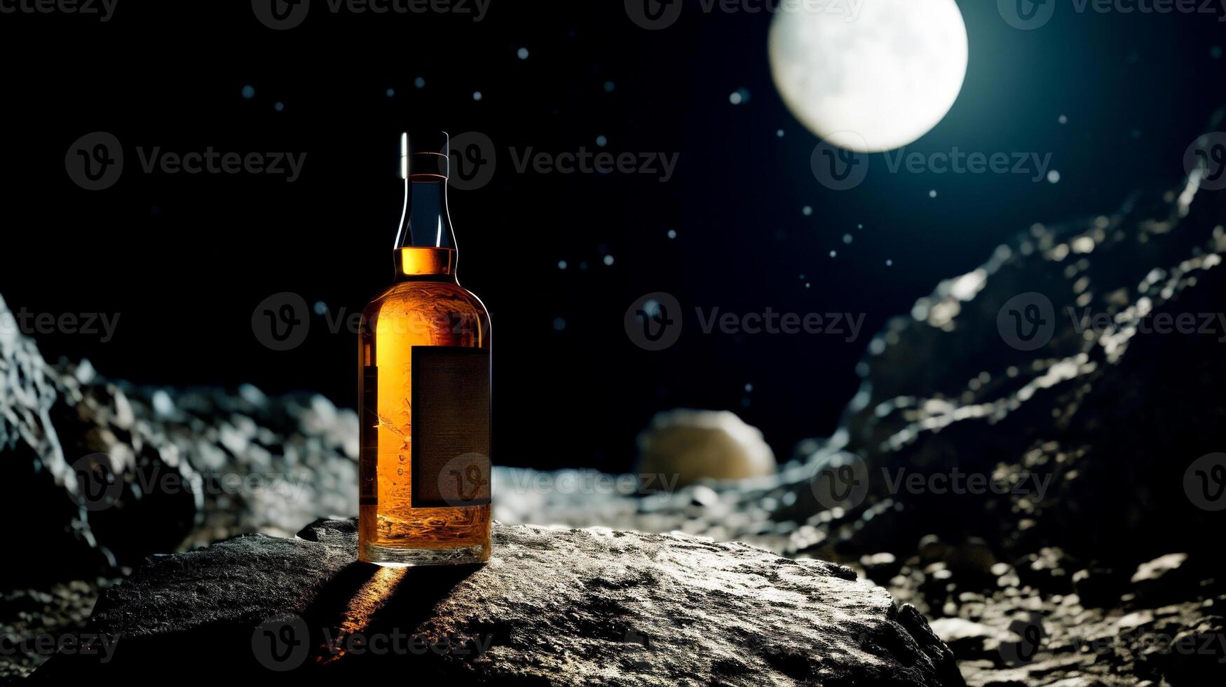 AI Generated Bottle of whiskey poised on moon's surface with stars. photo