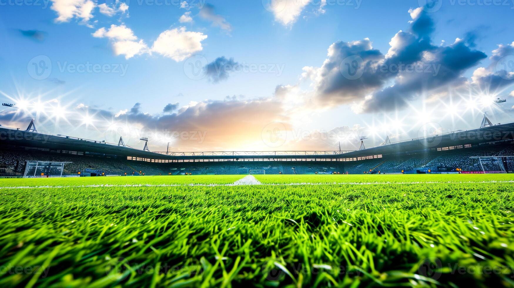 AI Generated View from the grass of an empty stadium at sunset, clear skies, copy space.Great for sports event promotions or backgrounds. photo