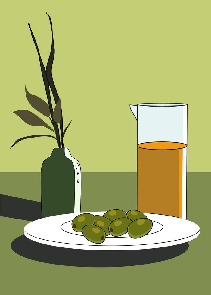 the plate with olives and vase ,monochrome,minimalist style green color background vector