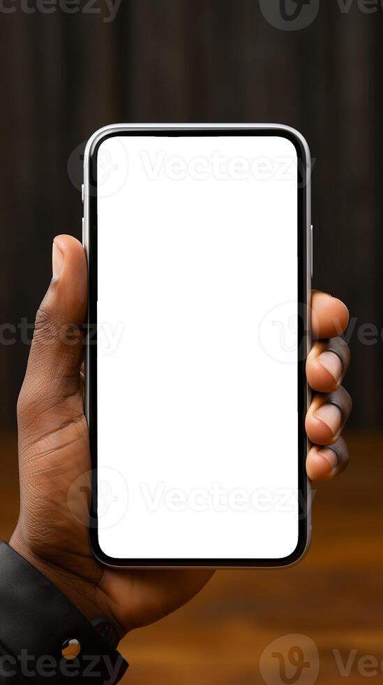 AI Generated Close-up of a hand holding a smartphone with a blank screen on a dark background. photo