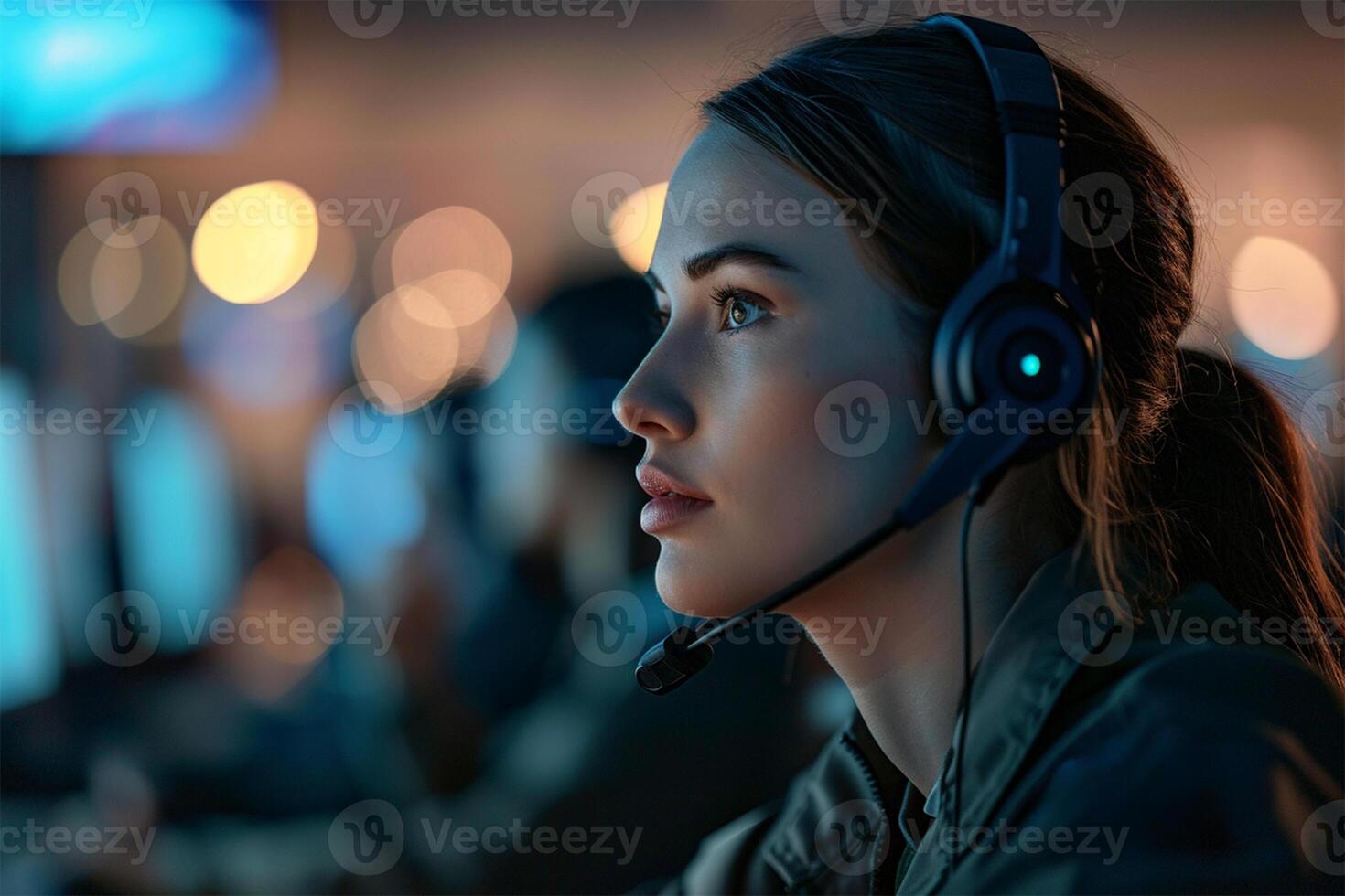 AI Generated A woman with a headset against a bokeh light background, looking focused. photo