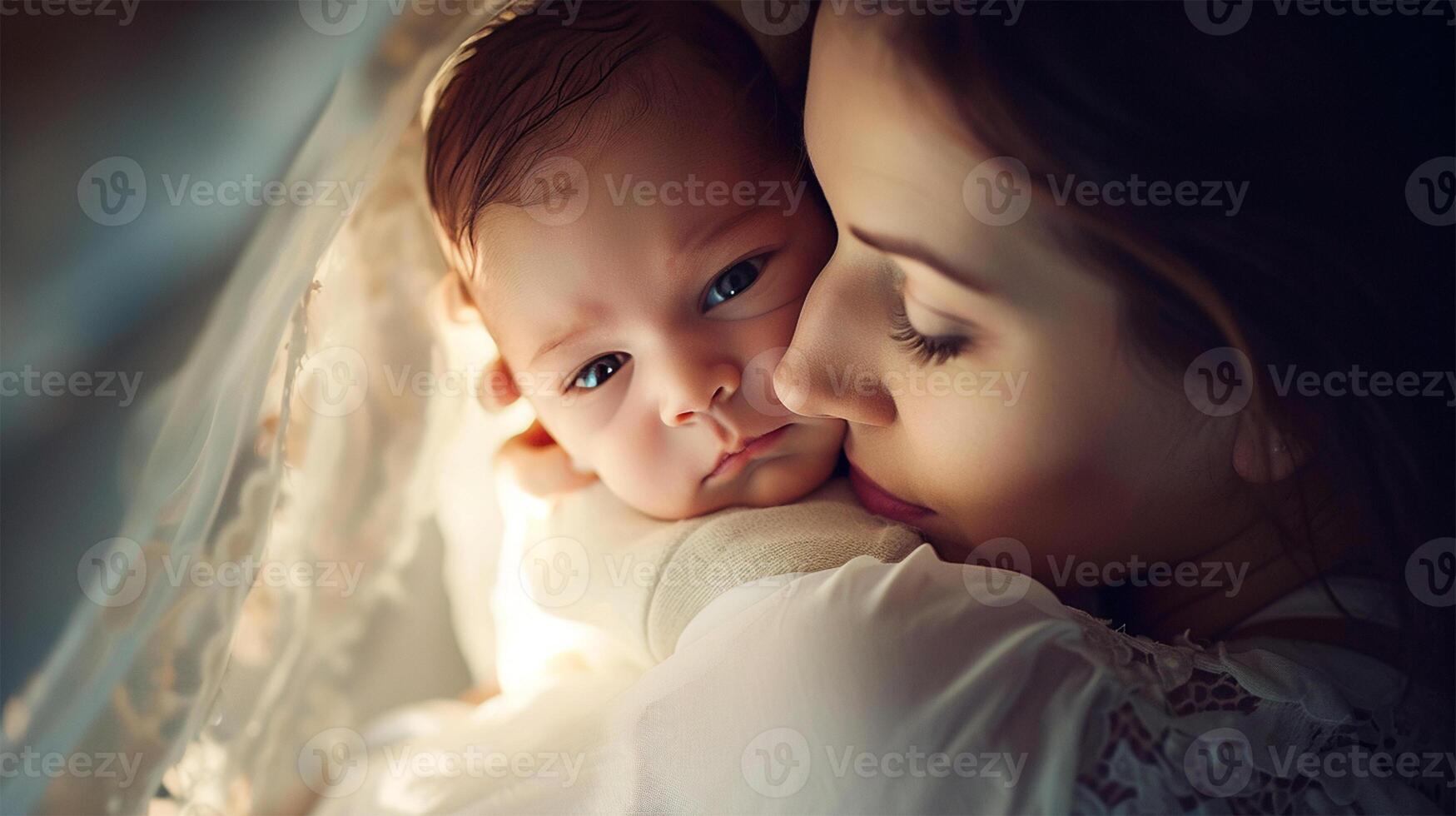 AI Generated Maternal Embrace at Dawn. A tender moment as a mother cradles her sleeping baby in the soft morning light. photo