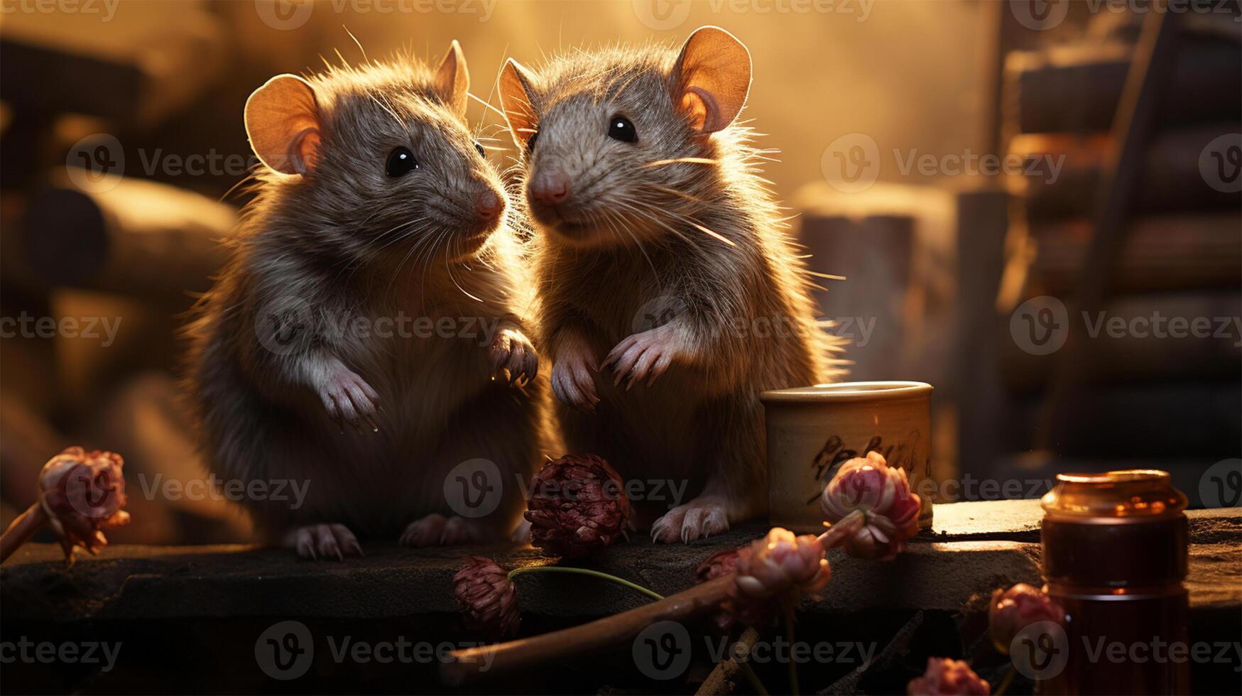 AI Generated  Two rats with glowing eyes in a dimly lit setting.Curious Rodent Pals. photo